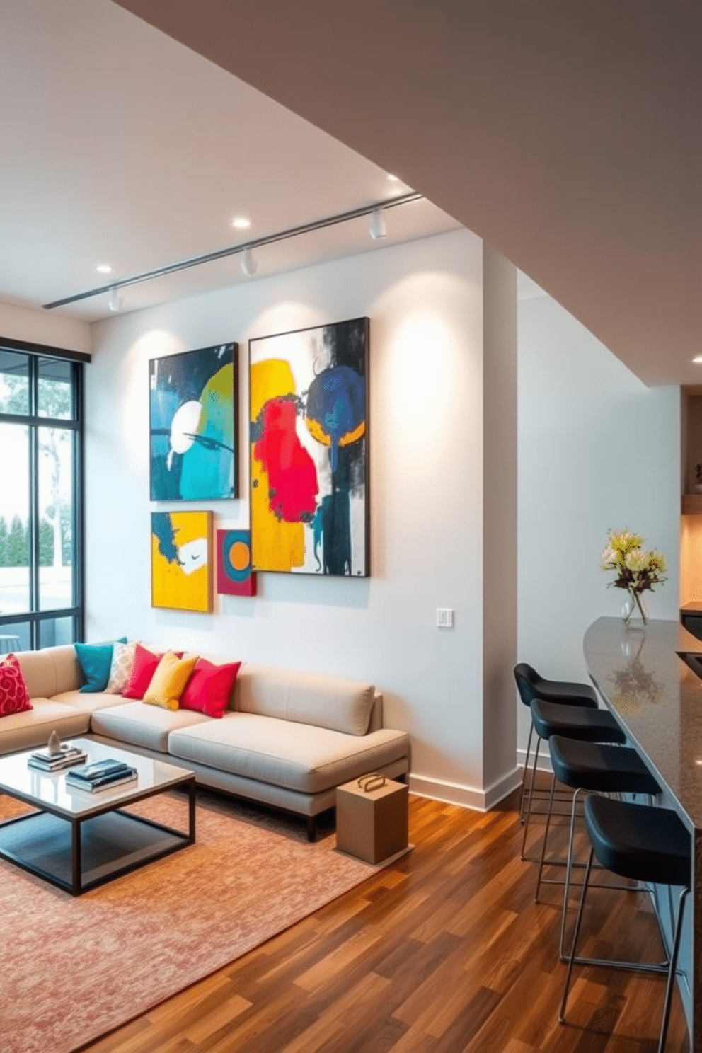 A contemporary art gallery wall display features a striking arrangement of vibrant abstract paintings in various sizes. The wall is painted in a crisp white, allowing the colors of the artwork to pop, while sleek track lighting highlights each piece. The modern basement design includes an open layout with a cozy seating area featuring a plush sectional sofa and a minimalist coffee table. Large windows allow natural light to flood the space, complemented by warm wood accents and a stylish bar area for entertaining.