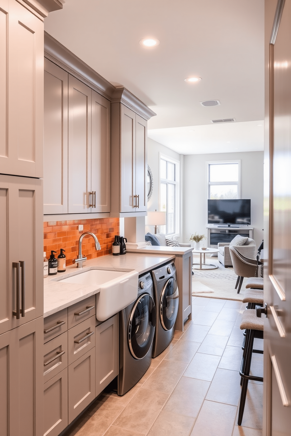 A stylish laundry room features sleek cabinetry in a soft gray finish, providing ample storage for supplies and equipment. The space is enhanced by a large farmhouse sink, surrounded by a countertop made of quartz, and a vibrant backsplash that adds a pop of color. The modern basement design incorporates an open layout with cozy seating areas and a contemporary bar. Large windows allow natural light to flood the space, while a neutral color palette creates a warm and inviting atmosphere.