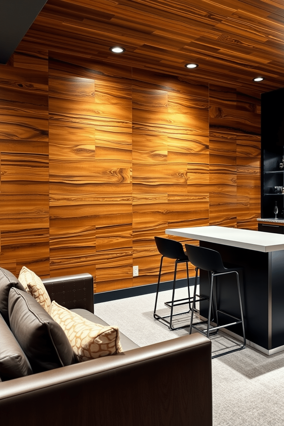 Textured accent wall with wood panels creates a warm and inviting atmosphere in the modern basement. The rich tones of the wood contrast beautifully with the sleek, contemporary furnishings and ambient lighting. Modern basement design ideas incorporate open spaces that maximize functionality and comfort. A cozy seating area is paired with a stylish bar, featuring a mix of materials like metal and glass for a chic, urban feel.