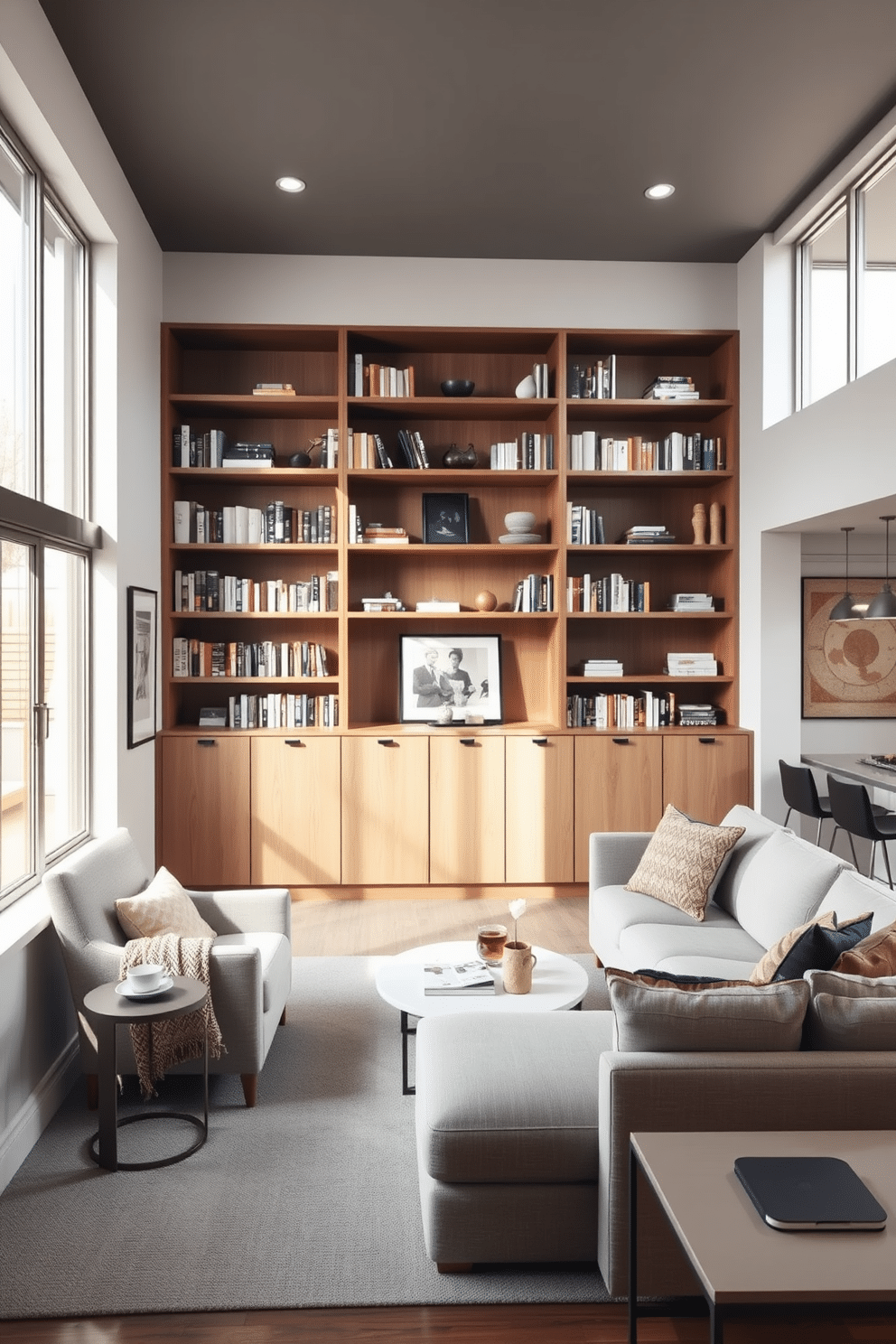 Cozy reading nook with built-in shelves. The space features a plush armchair in a soft fabric, positioned near a large window that allows natural light to flood in. Surrounding the chair are built-in wooden shelves filled with an array of books and decorative items. A small side table holds a steaming cup of tea and a cozy throw blanket drapes over the armchair, inviting relaxation. Modern Basement Design Ideas. The basement showcases an open layout with sleek, minimalist furniture and large windows that bring in light. A stylish bar area with contemporary stools complements the entertainment space, while a plush sectional sofa is arranged around a modern coffee table, creating a perfect gathering spot.