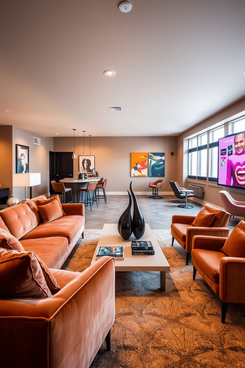 Chic lounge area with plush seating. The space features a large sectional sofa upholstered in soft velvet, complemented by a pair of stylish armchairs. A sleek coffee table sits at the center, adorned with decorative books and a sculptural centerpiece. The walls are painted in a warm taupe, and large windows allow natural light to fill the room, enhancing the cozy atmosphere. Modern basement design ideas. The area showcases an open layout with a polished concrete floor and contemporary lighting fixtures. A bar with high stools is positioned against one wall, while a home theater setup with a large screen and comfortable recliners occupies the opposite side. Bright accents and artwork add a vibrant touch to the otherwise neutral palette, creating an inviting space for relaxation and entertainment.