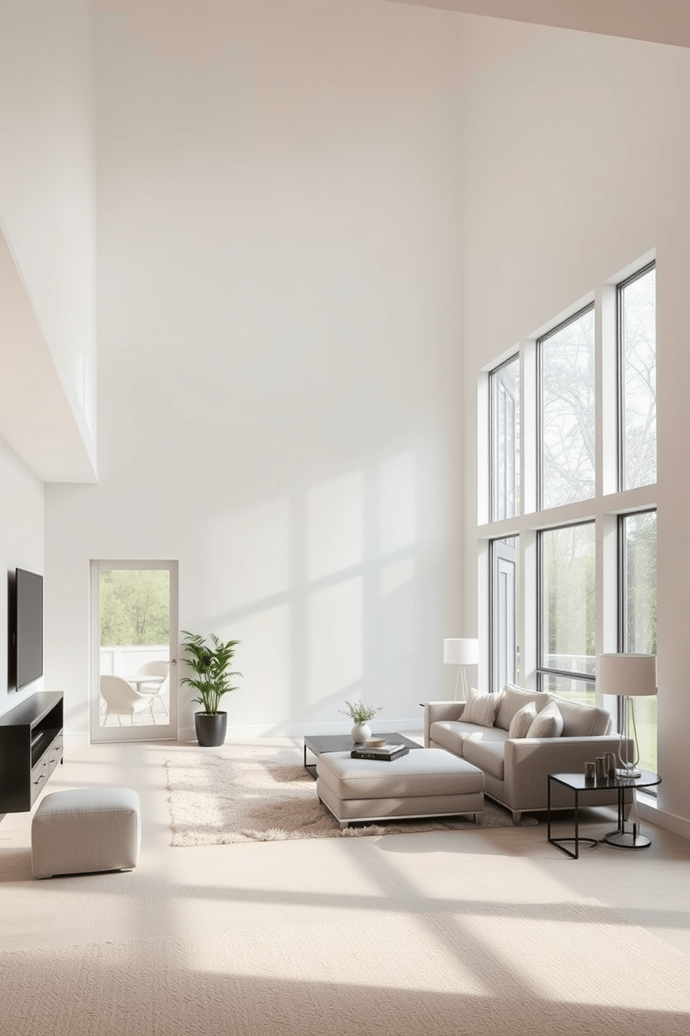 Bright and airy space with large windows. The room features high ceilings and light, neutral-colored walls that reflect natural light, creating an open and inviting atmosphere. Modern basement design ideas incorporate sleek furniture and minimalist decor. Soft, ambient lighting enhances the cozy yet sophisticated feel, while a plush area rug adds warmth to the space.