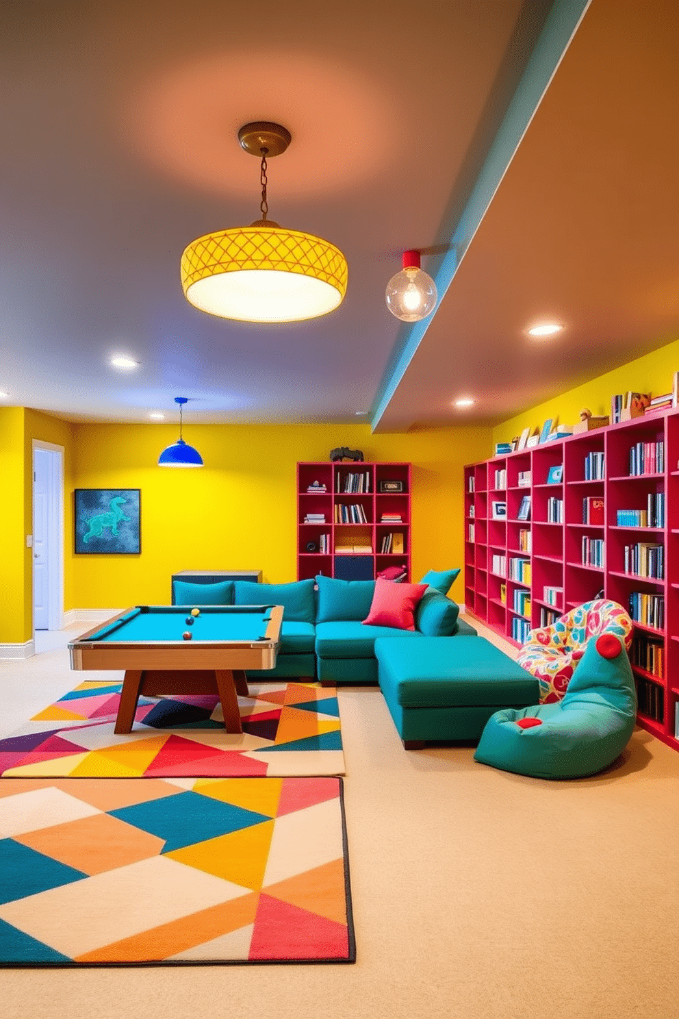 A vibrant modern basement featuring a playful color palette with bright yellow walls and a bold teal sectional sofa. The space includes a fun game area with a colorful pool table and a striking geometric rug that ties the room together. The basement is illuminated by playful pendant lights in various shapes and colors, creating an energetic atmosphere. A cozy reading nook with a vibrant bean bag chair and a wall of bookshelves adds a whimsical touch to the design.