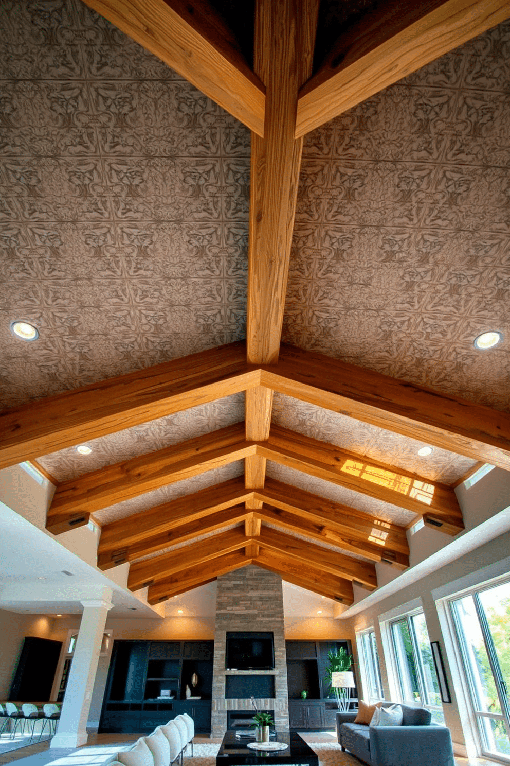 A stunning ceiling design features exposed wooden beams that create an airy and rustic ambiance. The beams are complemented by intricate tile patterns that add a touch of elegance and sophistication to the space. The modern basement design incorporates an open floor plan with sleek furniture and contemporary decor. Large windows allow natural light to flood the area, creating a warm and inviting atmosphere perfect for relaxation or entertaining.