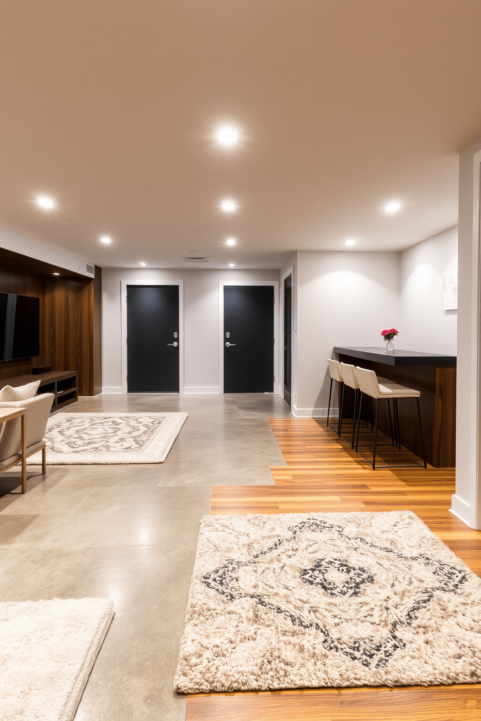 A modern basement design featuring a mix of flooring materials, including polished concrete and warm wooden planks, creates a visually intriguing space. Soft area rugs define different zones, adding comfort and style to the overall aesthetic. The walls are painted in a light gray hue, complemented by recessed lighting that enhances the contemporary feel. A sleek bar area with minimalist stools and a built-in entertainment center provides a perfect spot for relaxation and social gatherings.