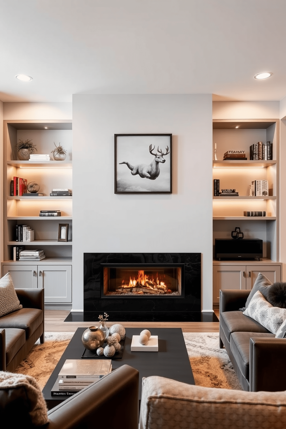 A modern fireplace serves as the focal point of the room, featuring a sleek, linear design with a black stone surround. Flanking the fireplace, built-in shelves display carefully curated decor and books, enhancing the contemporary aesthetic. The basement design embraces an open layout, integrating a cozy lounge area with plush seating and a stylish coffee table. Large windows allow natural light to flood the space, while a neutral color palette creates a warm and inviting atmosphere.