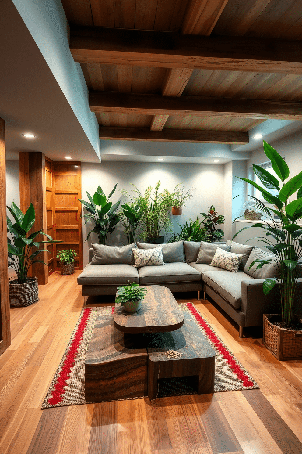 A cozy modern basement featuring eco-friendly design elements. The space incorporates reclaimed wood beams, bamboo flooring, and energy-efficient lighting fixtures. The layout includes a comfortable seating area with a sectional sofa upholstered in organic cotton. A sleek coffee table made from recycled materials sits at the center, surrounded by indoor plants that enhance air quality.