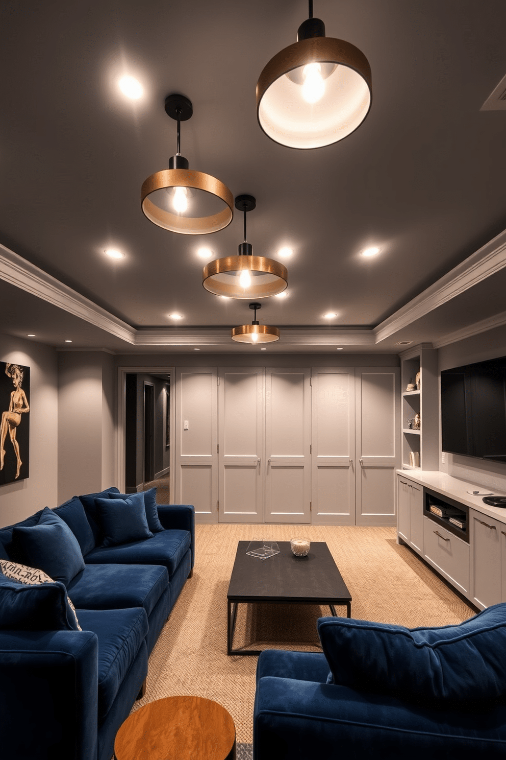 A modern basement designed for both relaxation and entertainment features layered lighting that creates a warm and inviting atmosphere. Recessed ceiling lights illuminate the space, while stylish pendant lights hang above the bar area, providing functional lighting for gatherings. The walls are painted in a soft gray, complemented by plush furniture in deep blue tones. A cozy sectional sofa faces a sleek media unit, and a contemporary coffee table sits at the center, enhancing the overall aesthetic.