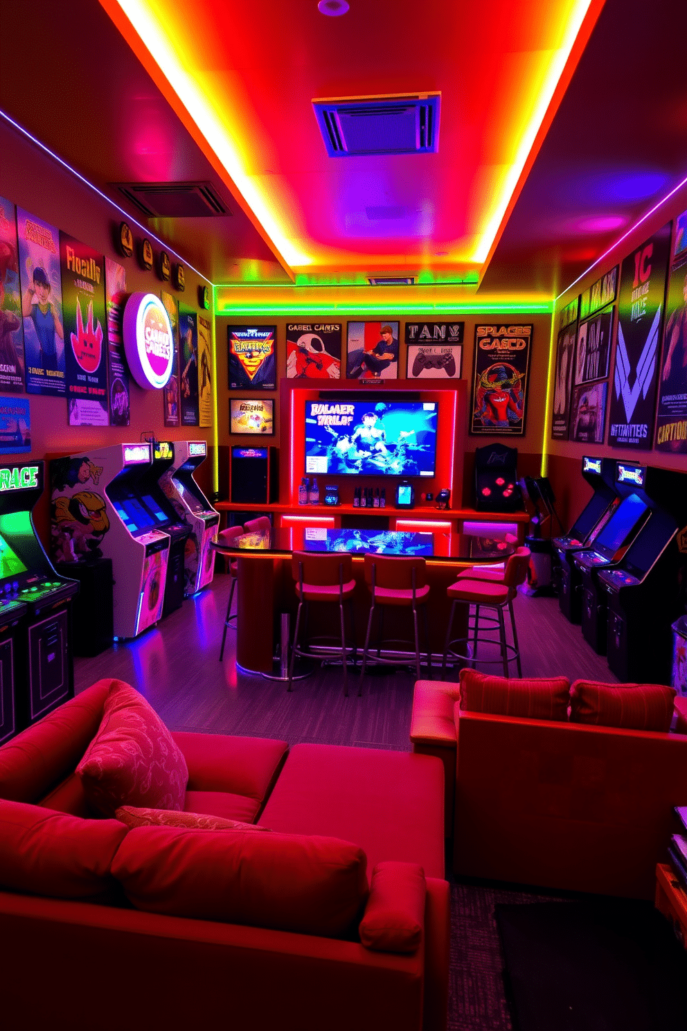 A vibrant game room filled with arcade-style decor. The walls are adorned with retro gaming posters, and colorful LED lights illuminate the space, creating an energetic atmosphere. The centerpiece is a custom-built bar with high stools, featuring a sleek countertop and vintage arcade machines lining the walls. A plush sectional sofa provides ample seating, while a large screen displays the latest gaming consoles for an immersive experience.