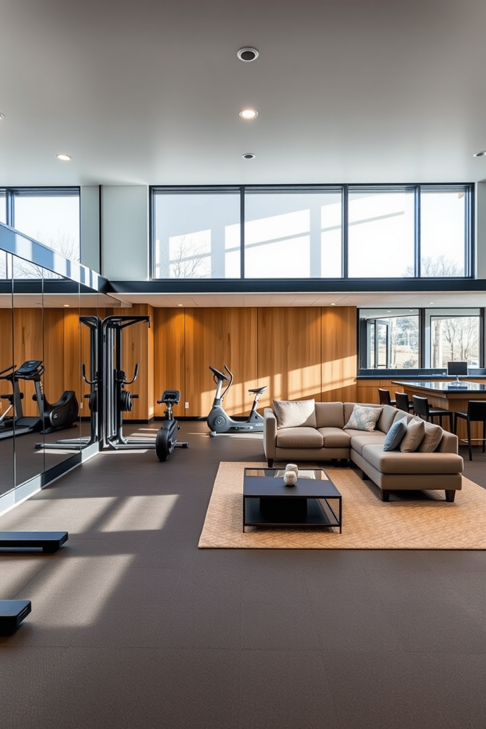 A bright gym with mirrored walls features large windows that allow natural light to flood the space, creating an energizing atmosphere. The flooring is a durable rubber material, and various workout equipment like free weights and cardio machines are strategically placed throughout the room. The modern basement design incorporates an open layout with a cozy lounge area, complete with a sectional sofa and a sleek coffee table. Soft recessed lighting highlights the warm wood paneling and a stylish bar area, making it an inviting space for relaxation and entertainment.