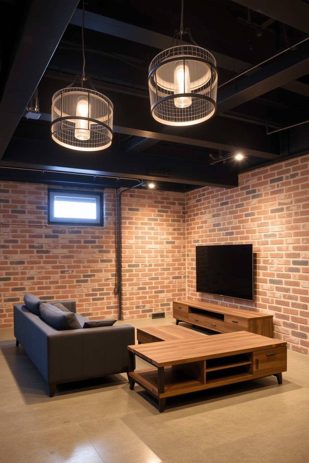 A modern basement space showcases industrial-style exposed brick accents, creating a raw yet sophisticated atmosphere. The ceiling features dark metal beams, while the flooring is a polished concrete that complements the rugged walls. In one corner, a sleek sectional sofa in deep gray faces a minimalist entertainment unit made of reclaimed wood. Ambient lighting is provided by stylish pendant fixtures that hang from the ceiling, casting a warm glow over the area.