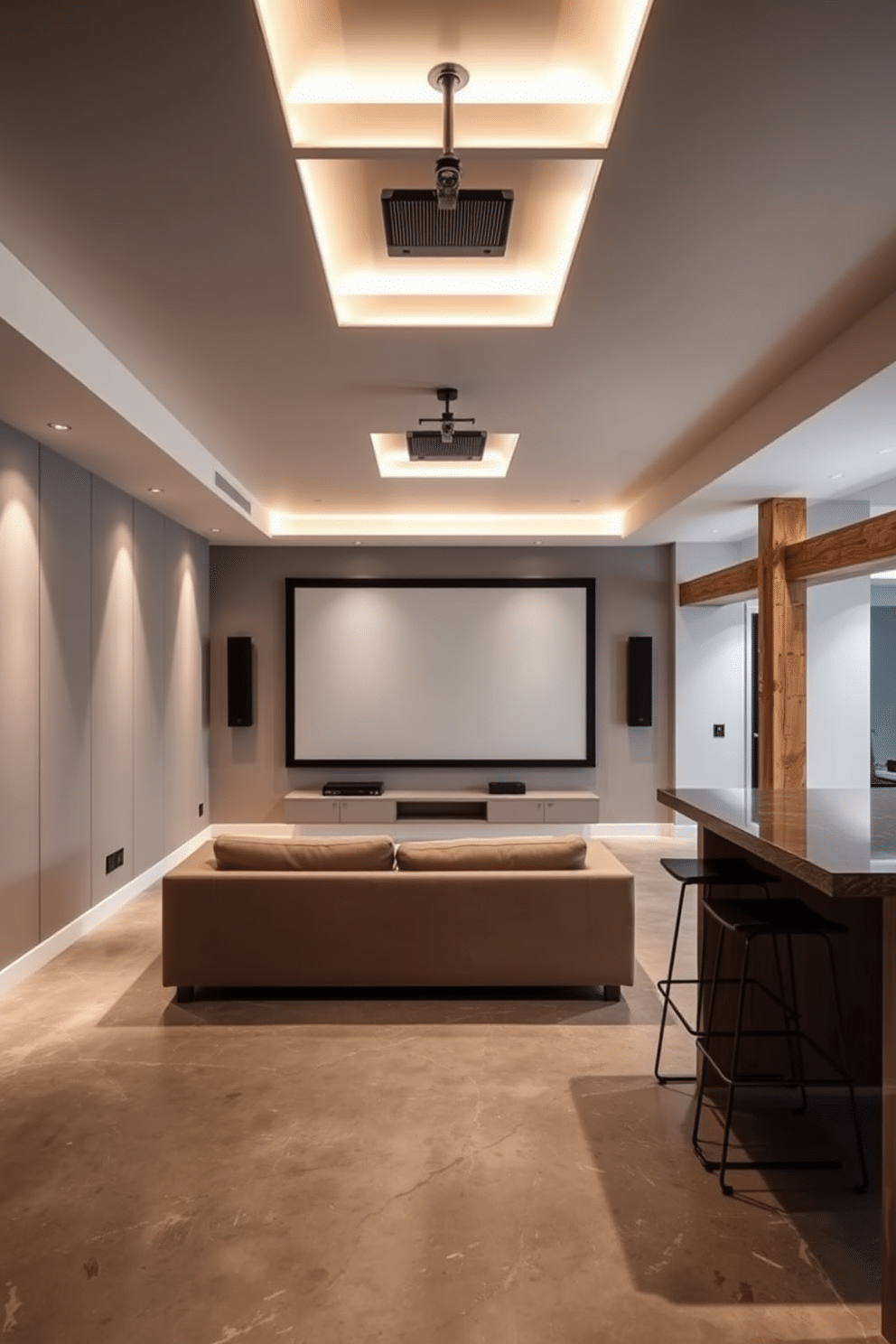 A minimalist media room features a sleek, low-profile sectional sofa in a neutral tone, positioned to face a large retractable projector screen. Soft, ambient lighting is integrated into the ceiling, creating a cozy atmosphere, while soundproofed walls enhance the viewing experience. The modern basement design incorporates a polished concrete floor and exposed wooden beams, providing an industrial yet warm feel. A stylish bar area with high stools and a minimalist design complements the entertainment space, making it perfect for gatherings.