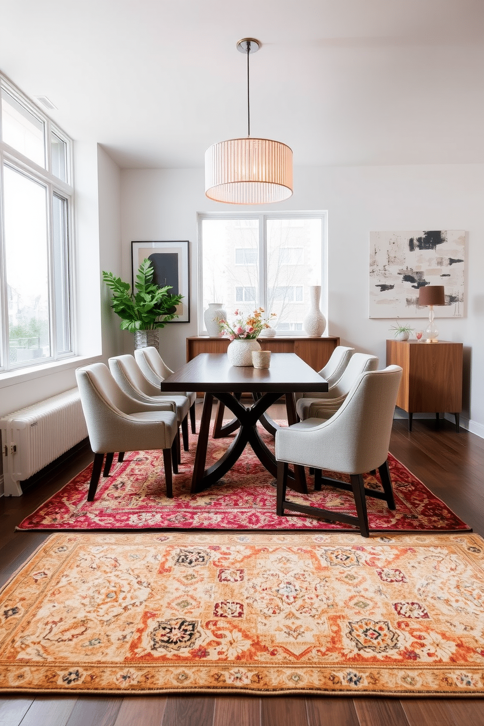 A modern dining room featuring layered rugs that add warmth and style. The space includes a sleek wooden dining table surrounded by upholstered chairs in a soft, neutral fabric. A statement light fixture hangs above the table, casting a warm glow over the room. The walls are adorned with contemporary art, and large windows allow natural light to flood in, enhancing the inviting atmosphere.