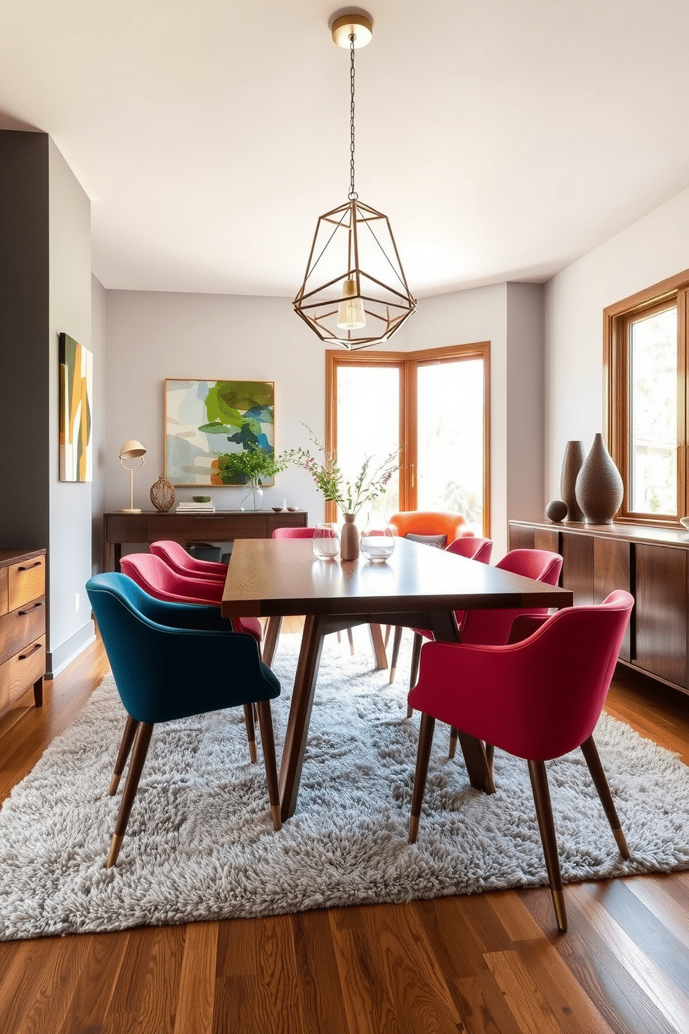 A stylish mid-century modern dining room featuring a sleek wooden dining table with tapered legs, surrounded by upholstered chairs in vibrant colors. The walls are adorned with abstract art, and a geometric pendant light hangs elegantly above the table, casting a warm glow. The room is anchored by a plush area rug that complements the wood tones, while large windows invite natural light, highlighting the clean lines of the furniture. A sideboard with a rich walnut finish displays decorative objects and serves as a functional storage solution.