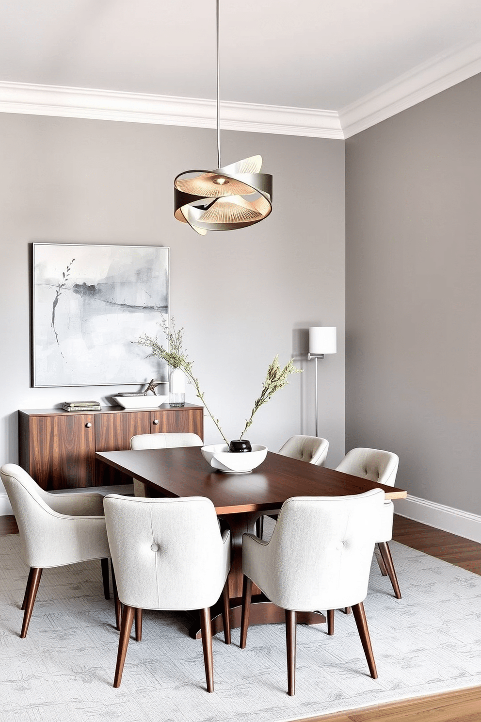 A modern dining room featuring a sleek wooden table surrounded by upholstered chairs in a neutral tone. Above the table, a statement pendant light with an artistic design illuminates the space, creating a focal point. The walls are painted in a soft gray, complemented by a large abstract painting that adds a pop of color. A stylish sideboard against one wall holds decorative items and serves as additional storage, enhancing the room's functionality.