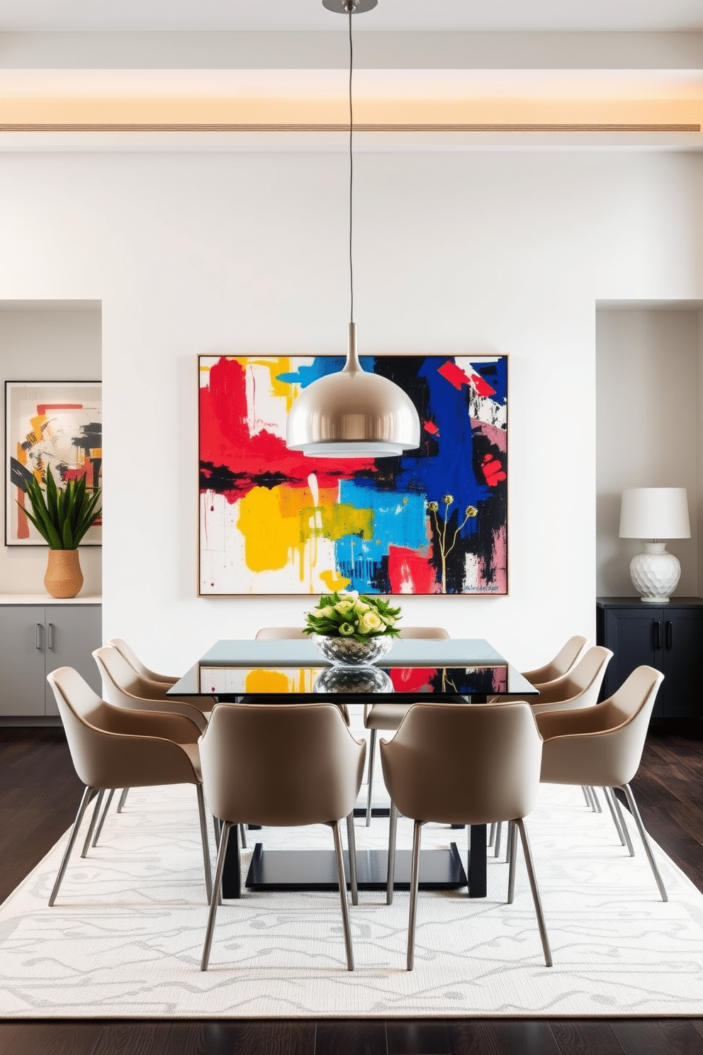 Bright artwork to energize the space. A large abstract painting with vibrant colors hangs on the main wall, drawing attention and creating a lively atmosphere. Modern dining room design ideas. A sleek rectangular table with a glass top is surrounded by minimalist chairs in a neutral tone, complemented by a statement pendant light overhead.