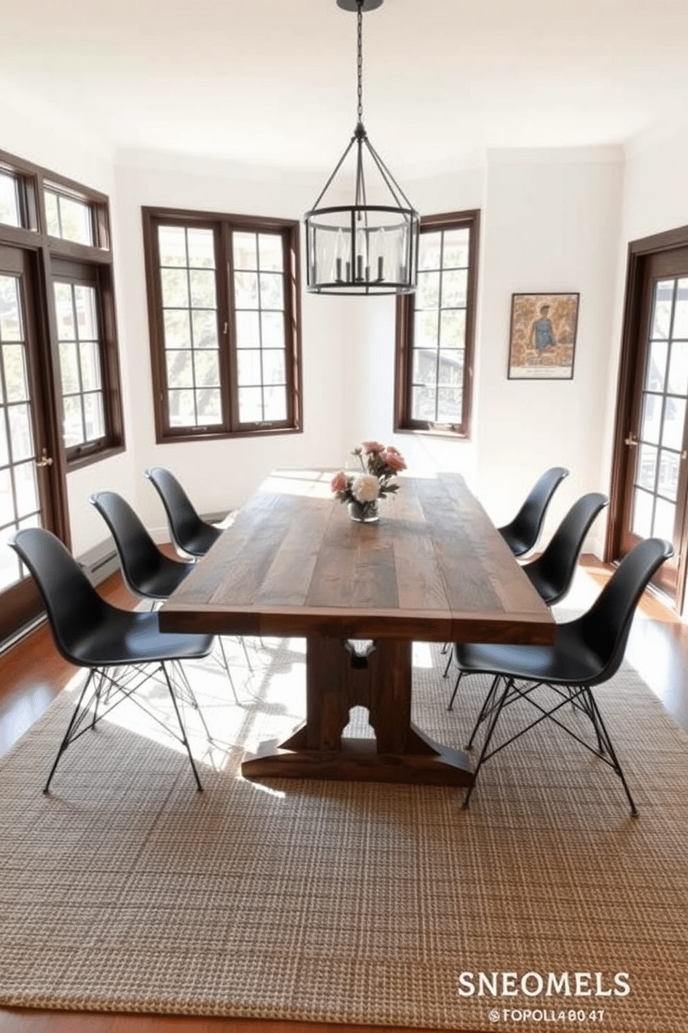 A rustic farmhouse table made of reclaimed wood serves as the centerpiece, surrounded by sleek, modern chairs with metal accents. The room features large windows that allow natural light to flood in, highlighting the contrast between the warm wood tones of the table and the cool, minimalist design of the chairs. The walls are painted in a soft white, complemented by a statement light fixture hanging above the table. A simple centerpiece of fresh flowers adds a touch of color, while a textured area rug anchors the space and enhances the cozy atmosphere.