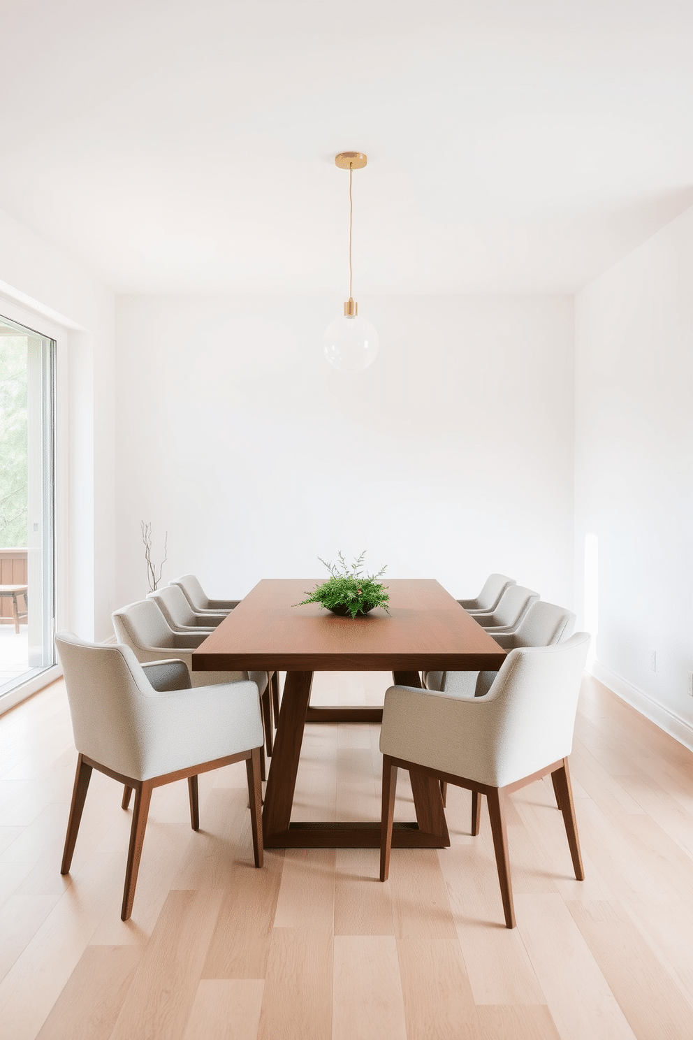 A minimalist dining room featuring a sleek, rectangular wooden table surrounded by simple, upholstered chairs in neutral tones. The walls are painted a soft white, and a single pendant light hangs above the table, creating an inviting atmosphere. A large window allows natural light to flood the space, enhancing the open feel. A subtle centerpiece of greenery sits on the table, while the floor is finished with light hardwood to maintain a clean, airy aesthetic.