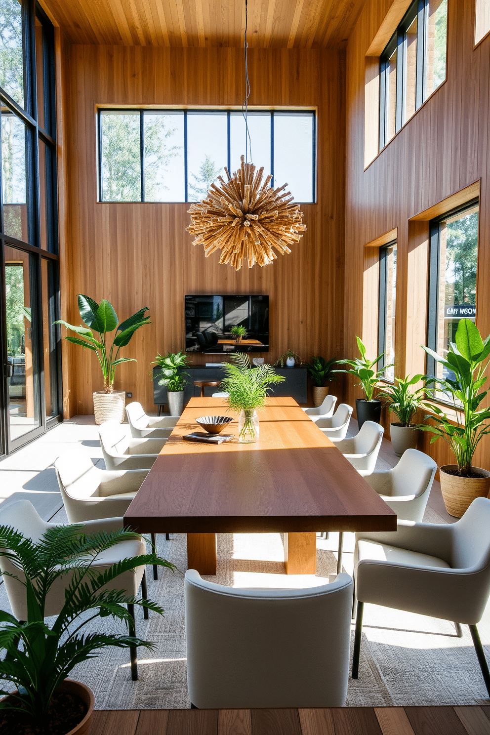 A modern dining room featuring a large wooden table surrounded by sleek, upholstered chairs. Floor-to-ceiling windows allow natural light to flood the space, highlighting the greenery of potted plants placed strategically around the room. The walls are adorned with natural wood paneling, creating a warm and inviting atmosphere. A statement chandelier made of organic materials hangs above the table, adding a touch of elegance to the design.