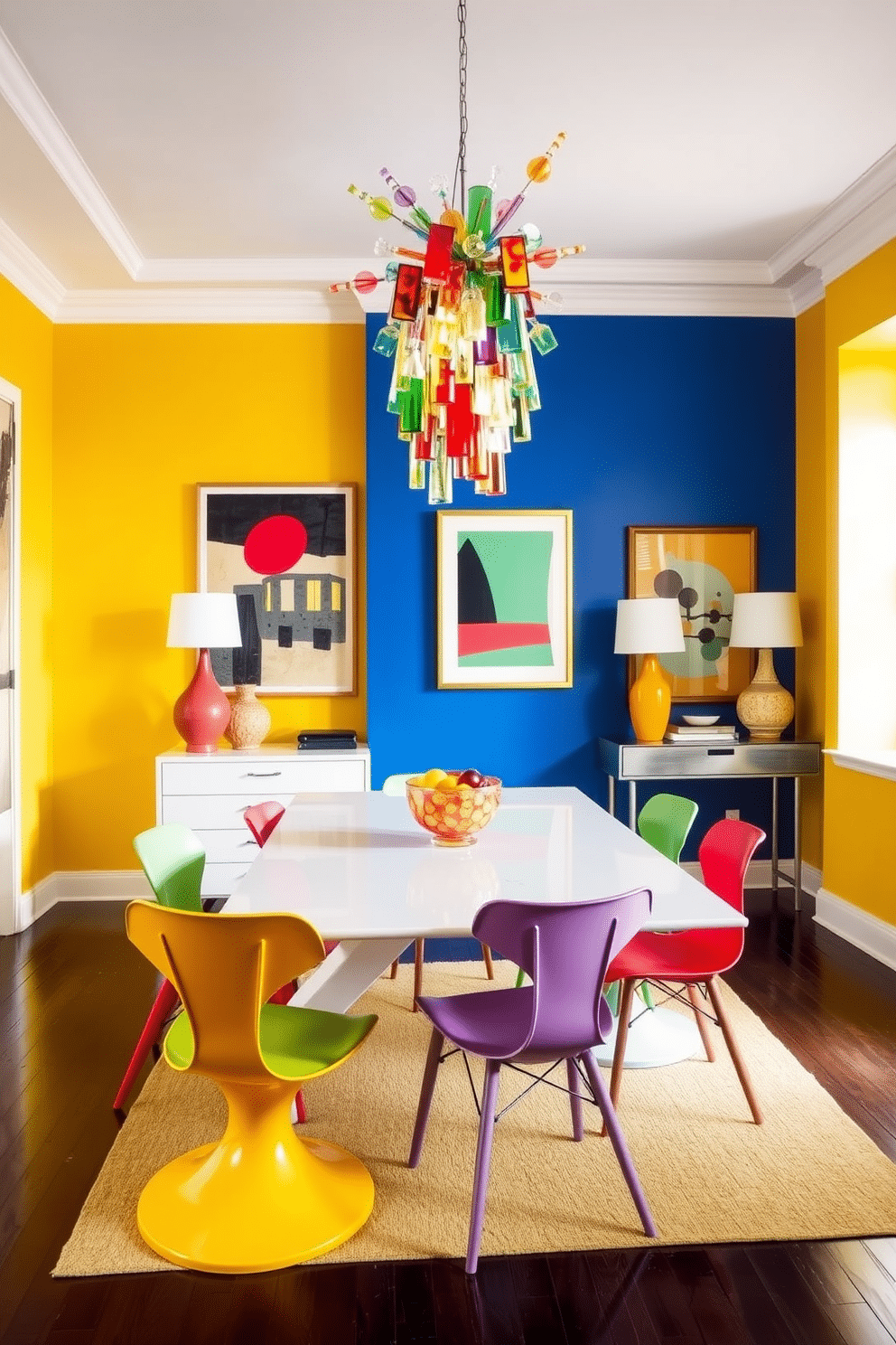 A modern dining room filled with bright colors and cheerful accents. The walls are painted in a vibrant yellow, complemented by a bold blue accent wall featuring contemporary artwork. A sleek, white dining table is surrounded by mismatched chairs in various bright hues, including red, green, and orange. A statement chandelier with colorful glass elements hangs above the table, casting playful reflections around the room.