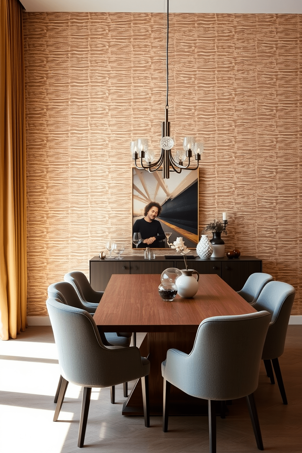 A modern dining room features textured wallpaper that adds depth and visual interest, creating a warm and inviting atmosphere. The space is adorned with a sleek wooden dining table surrounded by upholstered chairs, complemented by a contemporary chandelier that casts a soft glow over the setting.