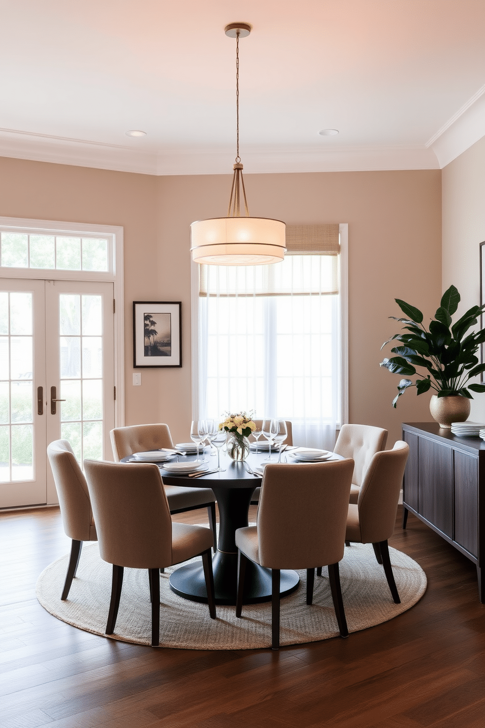 A round table set for an intimate dining experience, surrounded by plush upholstered chairs in a soft, muted color. The room features elegant pendant lighting overhead, casting a warm glow, while large windows allow natural light to flood in, highlighting the tasteful decor. The walls are adorned with subtle artwork that complements the color palette, and a chic sideboard displays curated tableware. A lush indoor plant adds a touch of greenery, enhancing the inviting atmosphere of the modern dining room.