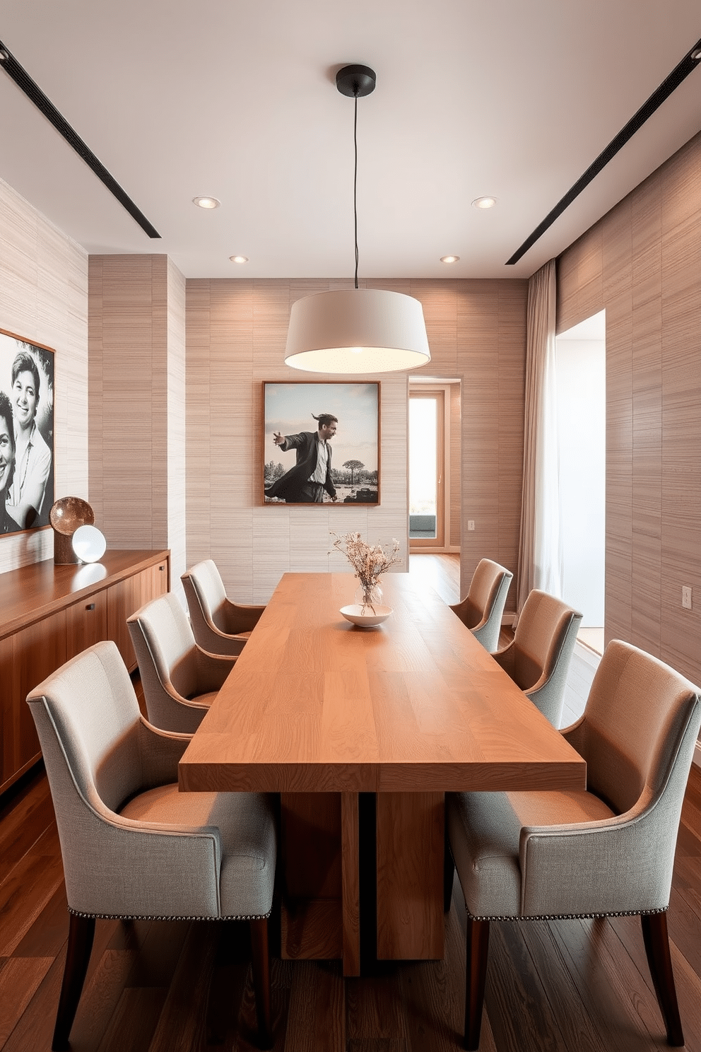 A modern dining room featuring warm wood tones creates an inviting atmosphere. A long wooden table with a natural finish is surrounded by upholstered chairs in soft, neutral fabrics, enhancing comfort and style. The walls are adorned with subtle, textured wallpaper that complements the wood elements. A statement pendant light hangs above the table, casting a warm glow over the space during evening gatherings.