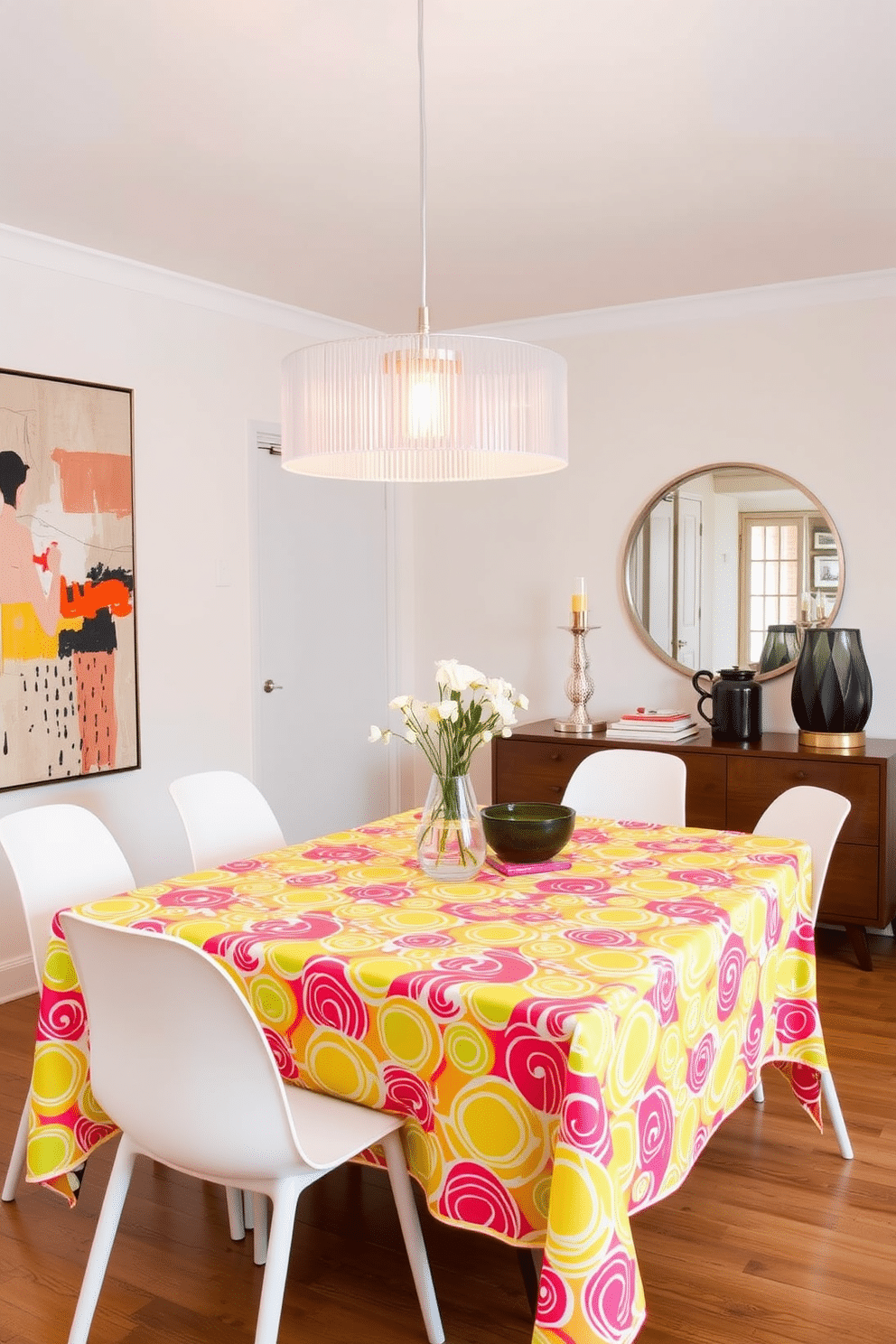 A modern dining room featuring a bold patterned tablecloth that adds a vibrant pop of color to the space. The dining table is surrounded by sleek, minimalist chairs, and a statement pendant light hangs above, casting a warm glow. The walls are painted in a soft neutral tone to complement the tablecloth, while a large abstract painting adds interest to one side of the room. A stylish sideboard displays elegant dinnerware and decorative accents, enhancing the contemporary aesthetic.