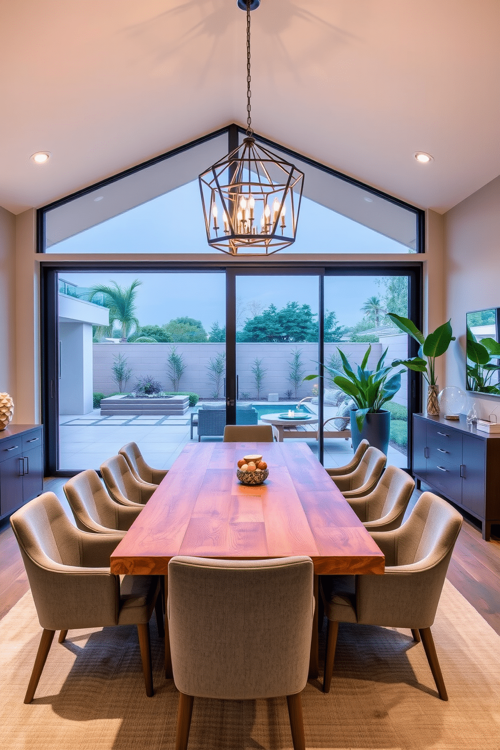 A modern dining room featuring expansive glass sliding doors that open up to a beautifully landscaped patio, allowing for seamless indoor-outdoor living. The dining table is a sleek, rectangular design made of reclaimed wood, surrounded by contemporary upholstered chairs in a soft gray fabric. The room is illuminated by a striking geometric chandelier that hangs above the table, casting a warm glow during evening gatherings. A stylish sideboard against one wall displays elegant dinnerware and decorative accents, while large potted plants add a touch of greenery to the space.