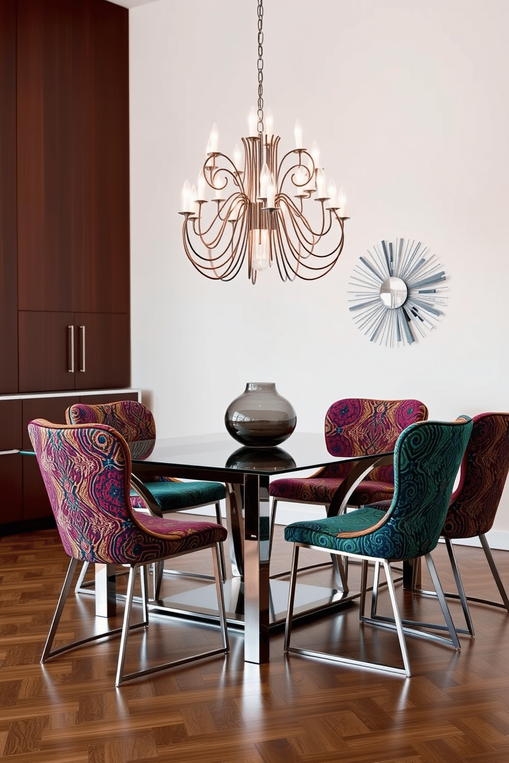 Unique dining chairs with artistic flair. The chairs feature bold colors and intricate patterns, making a statement in the room. The dining table is a sleek, modern design made of glass and metal, surrounded by these eye-catching chairs. A contemporary chandelier hangs above, casting a warm glow over the scene.