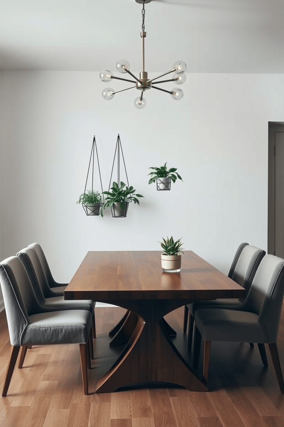 A modern dining room features a sleek wooden table surrounded by stylish upholstered chairs in a muted color palette. Above the table, a contemporary chandelier made of glass and metal provides warm lighting, while hanging plants in geometric planters add a fresh, vibrant touch to the space.