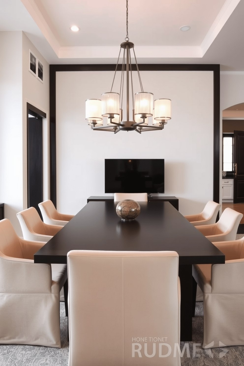 A modern dining room featuring a striking contrast between dark and light furniture pieces. A sleek, dark wood dining table is surrounded by light, upholstered chairs that add a touch of elegance and comfort. The walls are painted in a soft, neutral tone, enhancing the visual impact of the furniture. A contemporary chandelier hangs above the table, casting a warm glow over the space and creating an inviting atmosphere.