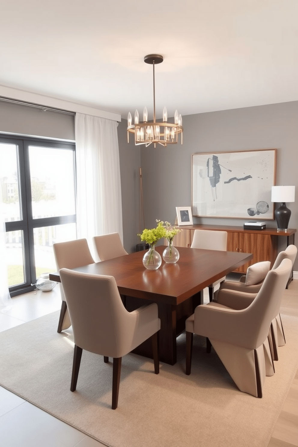 A modern dining room featuring a sleek, rectangular wooden table surrounded by comfortable upholstered chairs in a neutral tone. The room is illuminated by a contemporary chandelier hanging above, with large windows allowing natural light to flood in, complemented by sheer white curtains. On one side of the room, a stylish sideboard provides functional storage while showcasing decorative items and serving ware. The walls are painted in a soft gray, and a large piece of abstract art adds a pop of color, enhancing the overall modern aesthetic.