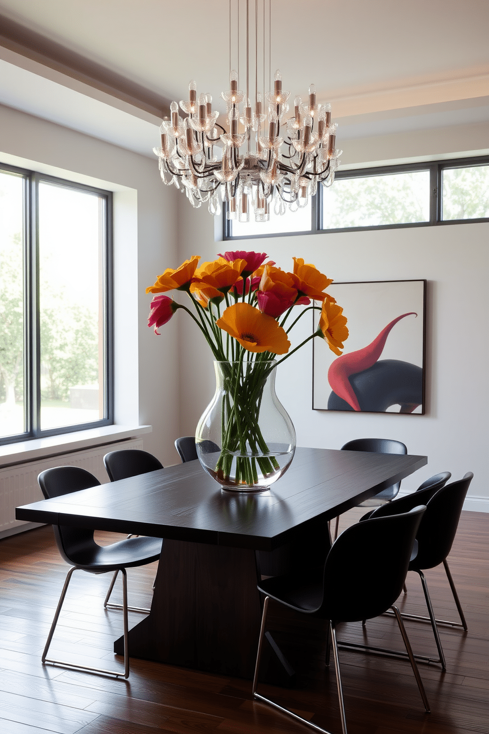 A modern dining room features an artistic centerpiece that commands attention, such as a sculptural glass vase filled with vibrant, oversized flowers. The table is a sleek, dark wood with minimalist chairs surrounding it, creating a contrast that emphasizes the centerpiece's bold colors. The lighting is soft and ambient, with a statement chandelier above the table that complements the artistic elements of the room. Large windows allow natural light to flood in, enhancing the room's airy feel and highlighting the carefully selected decor.