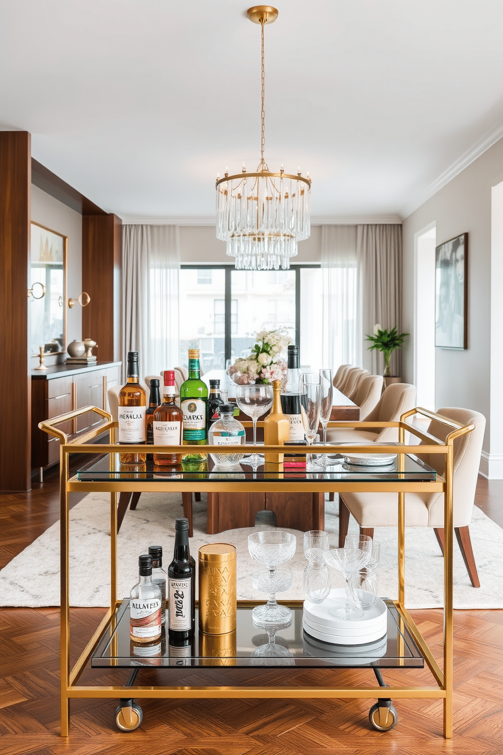 A chic bar cart for entertaining guests. The cart features a sleek gold frame with a glass top, elegantly displaying an assortment of premium spirits, mixers, and stylish glassware. Modern dining room design ideas. The space showcases a large, rectangular wooden table surrounded by upholstered chairs, with a statement chandelier hanging above, creating an inviting atmosphere for gatherings.