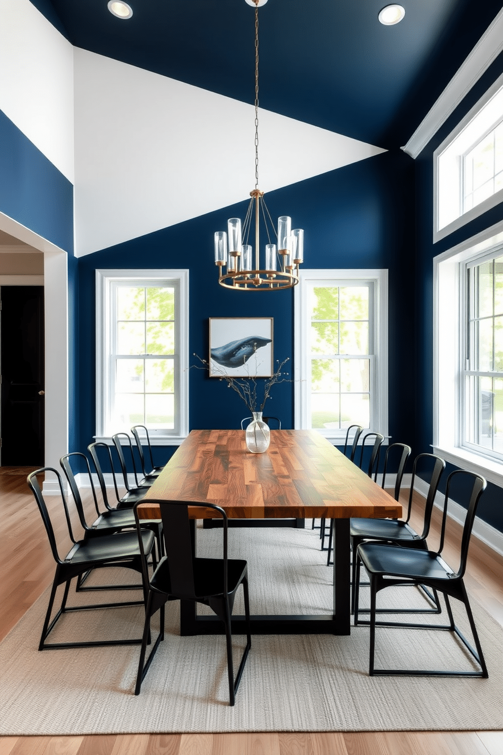 A bold accent wall in deep navy blue sets the tone for this modern dining room, complemented by sleek white walls. The room features a minimalist dining table made of reclaimed wood, surrounded by black metal chairs with simple lines. A statement chandelier hangs above the table, adding a touch of elegance without overwhelming the space. Large windows allow natural light to flood in, highlighting the subtle textures of the room's decor.