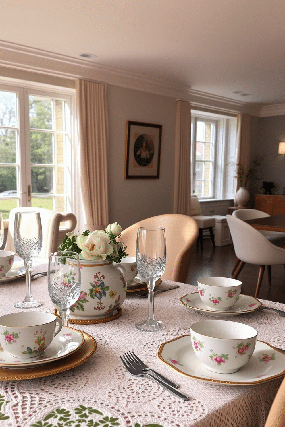 A vintage-inspired dining table is set with elegant china, featuring intricate floral patterns and gold accents. Crystal goblets glimmer in the soft lighting, while a lace tablecloth adds a touch of sophistication. The room is adorned with mid-century modern furniture, including a sleek wooden dining table and stylish upholstered chairs. Large windows allow natural light to flood in, highlighting the warm tones of the decor and creating an inviting ambiance.