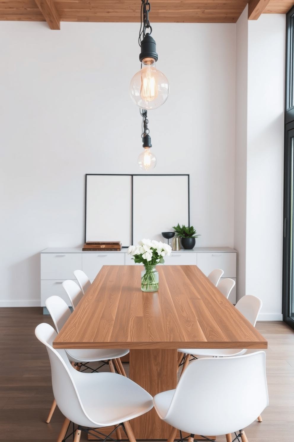 A modern dining room features a sleek wooden table surrounded by minimalist chairs. Above the table, industrial lighting fixtures with exposed bulbs create a warm and inviting atmosphere, contrasting beautifully with the clean lines of the decor.