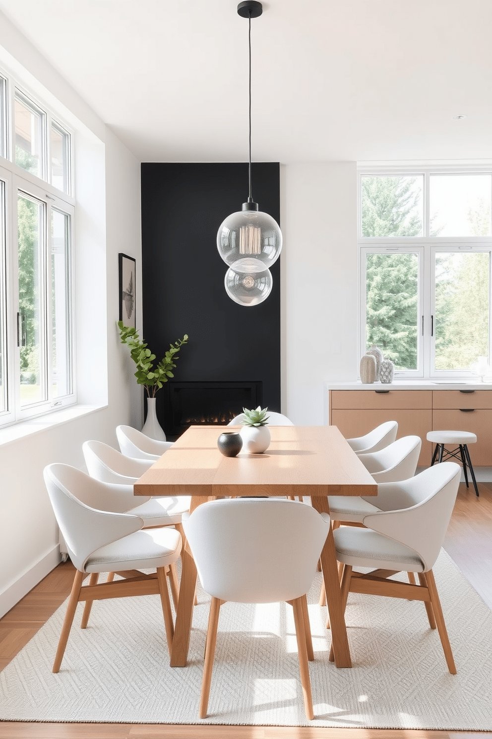 A modern dining room featuring Scandinavian design elements, characterized by a light wood dining table surrounded by minimalist chairs with soft upholstery. Large windows allow natural light to flood the space, highlighting the neutral color palette of whites and light grays, while a statement pendant light hangs above the table, adding a touch of contemporary elegance.