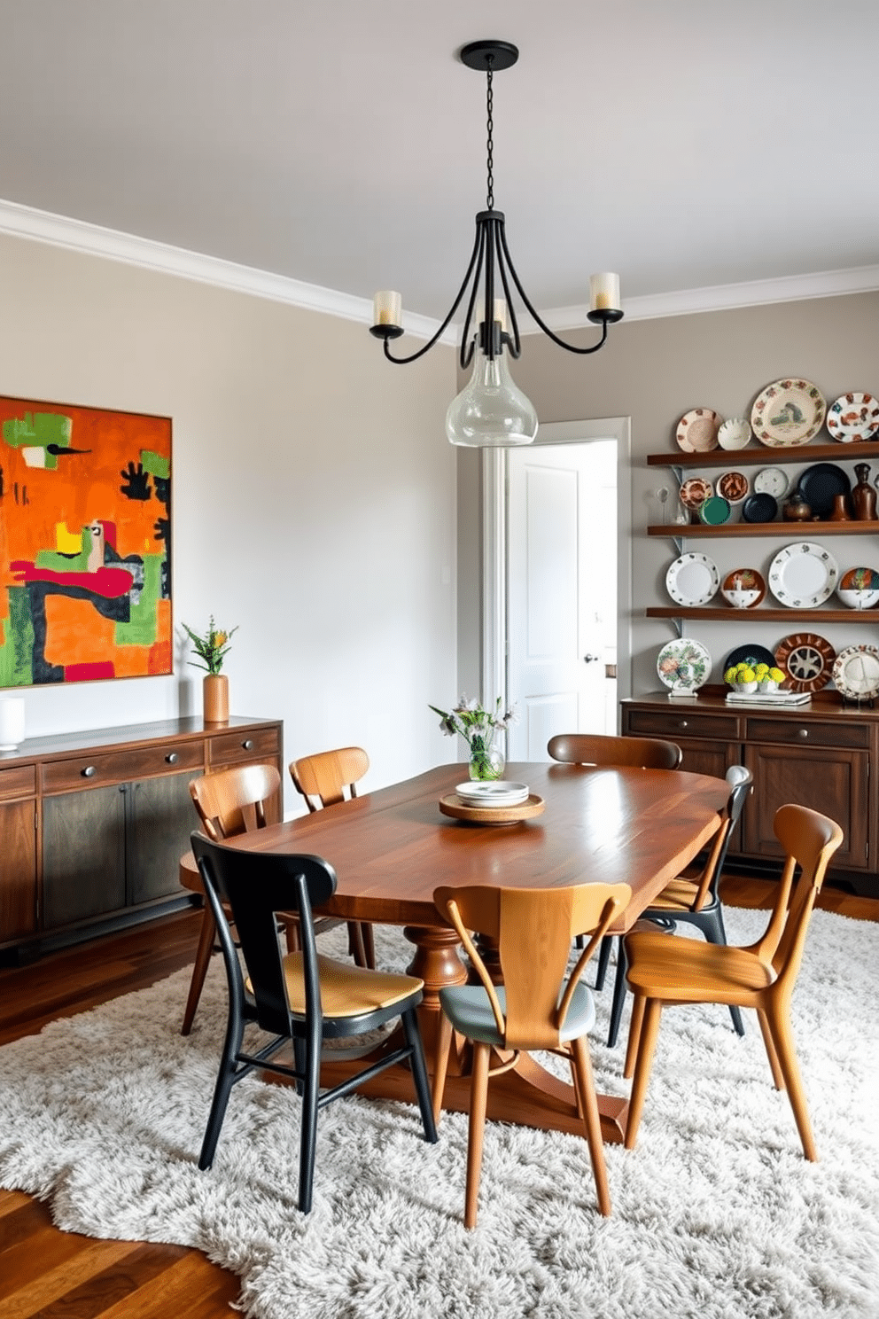 An eclectic dining room that seamlessly blends vintage and modern elements. A large reclaimed wood dining table is surrounded by mismatched chairs, featuring a mix of mid-century modern and antique styles. On one wall, a bold abstract painting contrasts with a collection of vintage plates displayed on floating shelves. The room is illuminated by a contemporary chandelier, while a plush area rug anchors the space, adding warmth and texture.