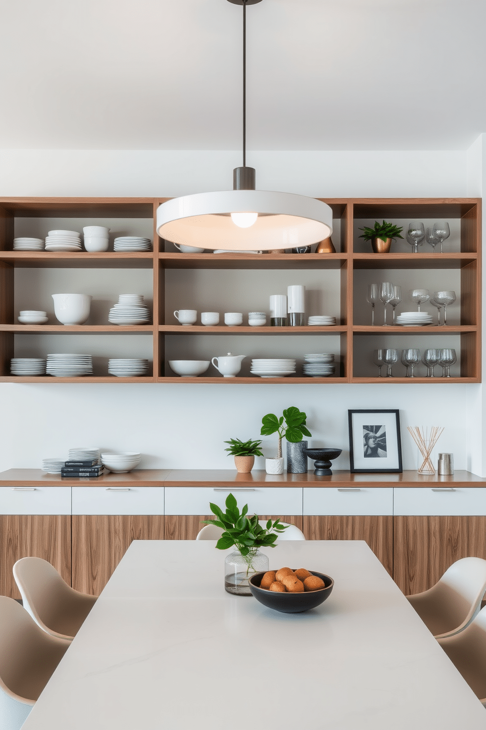 A modern dining room features open shelving that elegantly displays an array of dishware, showcasing a mix of fine china and contemporary glassware. The shelves are made of sleek wood, complemented by decorative elements like plants and art pieces that add a personal touch to the space. The dining table is a minimalist design with a polished surface, surrounded by stylish chairs that provide comfort and aesthetic appeal. Soft, ambient lighting from a statement pendant fixture above creates a warm and inviting atmosphere for gatherings.