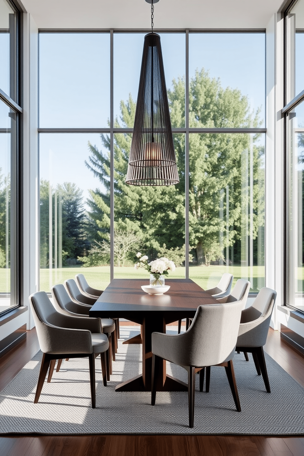 A modern dining room featuring large windows that flood the space with natural light. The room is adorned with a sleek wooden dining table surrounded by upholstered chairs in a neutral palette, complemented by an eye-catching pendant light overhead.