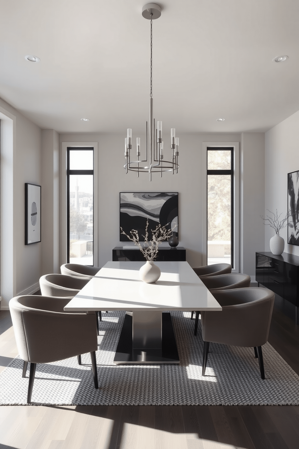 A modern dining room featuring a monochromatic color scheme that emphasizes varying shades of gray. The space includes a sleek rectangular table surrounded by upholstered chairs, with a textured area rug underneath to add depth. The walls are adorned with minimalist art pieces that complement the color palette, while a statement chandelier hangs above the table, casting a warm glow. Large windows allow natural light to flood the room, enhancing the interplay of textures in the furnishings and decor.