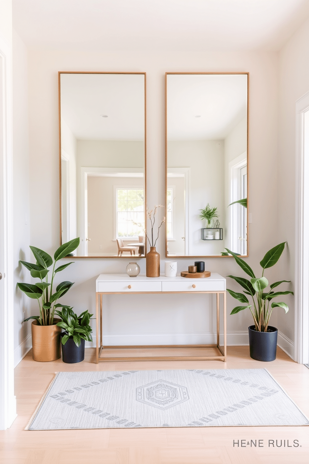 A modern entryway features large, strategically placed mirrors that reflect natural light, creating an inviting atmosphere. The walls are adorned with a soft, neutral palette, while a sleek console table with a minimalist design sits beneath the mirrors, topped with decorative accents. The flooring is a light hardwood that complements the overall aesthetic, and a stylish area rug adds warmth and texture. Potted greenery flanks the entryway, bringing a touch of nature indoors and enhancing the welcoming feel of the space.