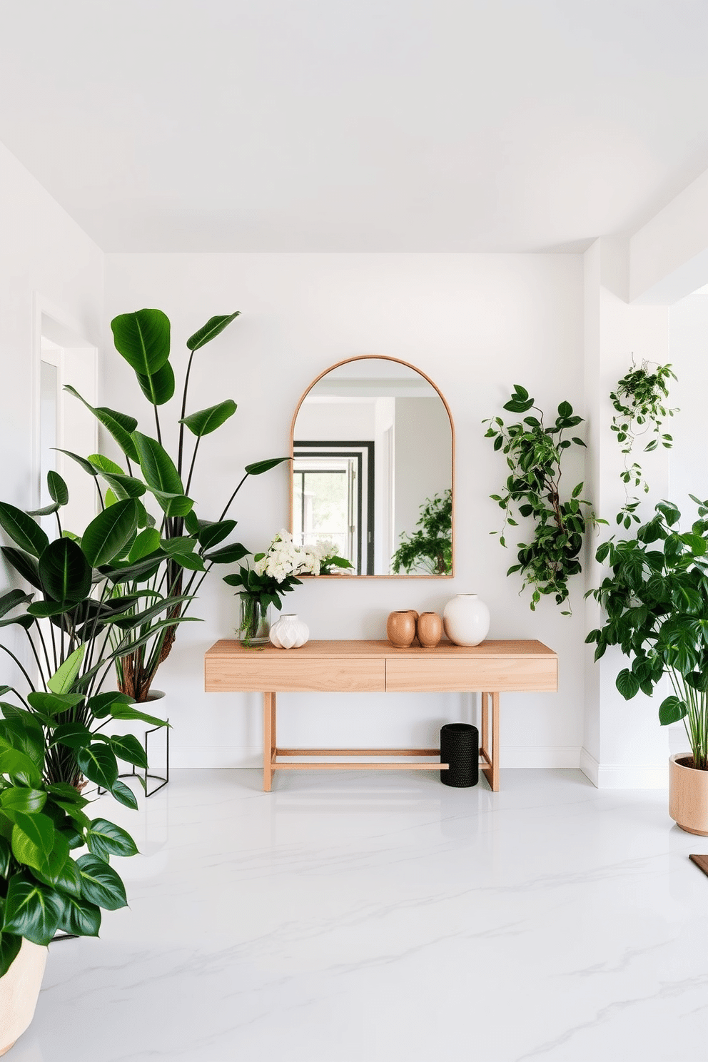 A modern entryway features an open space filled with an array of indoor plants, including tall fiddle leaf figs and cascading pothos. The flooring is a sleek white marble, complemented by a minimalist console table in light wood, adorned with decorative vases and a stylish mirror above.