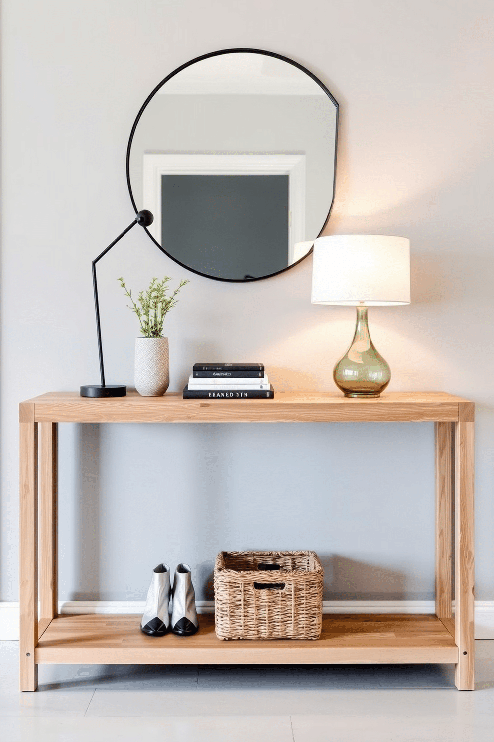 A sleek multi-functional entryway console table made of light oak wood features a minimalist design with clean lines. Above the table, a large round mirror with a thin black frame reflects natural light, while a stylish table lamp adds warmth to the space. On the console table, decorative items like a small potted plant and a stack of books create an inviting atmosphere. The walls are painted in a soft gray, and a woven basket underneath the table provides additional storage for shoes and accessories.