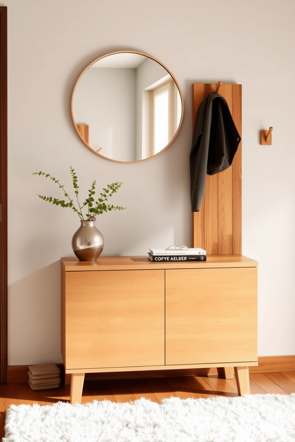 A modern entryway featuring warm wood tones creates an inviting atmosphere. The space includes a sleek console table with a natural wood finish and a stylish round mirror above it, reflecting light and enhancing the cozy feel. To the side, a set of minimalist coat hooks made from the same warm wood adds functionality without sacrificing style. A plush area rug in neutral tones lies beneath, providing comfort and grounding the design while welcoming guests into the home.