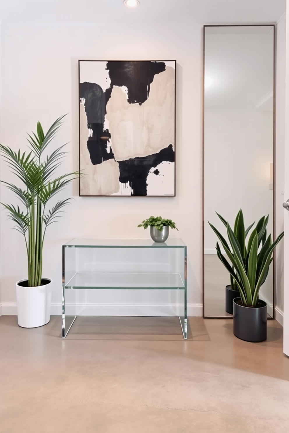 A modern entryway featuring clear acrylic furniture that creates a light and airy atmosphere. The space includes a sleek acrylic console table paired with a minimalist bench, accented by a statement piece of abstract art on the wall. The flooring is a polished concrete that complements the contemporary design, while a large mirror enhances the sense of space. Potted greenery adds a touch of warmth, creating an inviting entry that seamlessly blends style and functionality.