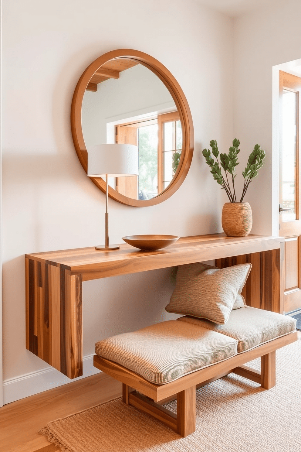 A modern entryway features natural wood accents that create a warm and inviting atmosphere. The space includes a sleek console table made from reclaimed wood, adorned with a minimalist lamp and a decorative bowl. The walls are painted in a soft white to enhance the natural light, while a large round mirror with a wooden frame reflects the space. A stylish bench with plush cushions provides a comfortable spot for putting on shoes, and a woven rug adds texture underfoot.