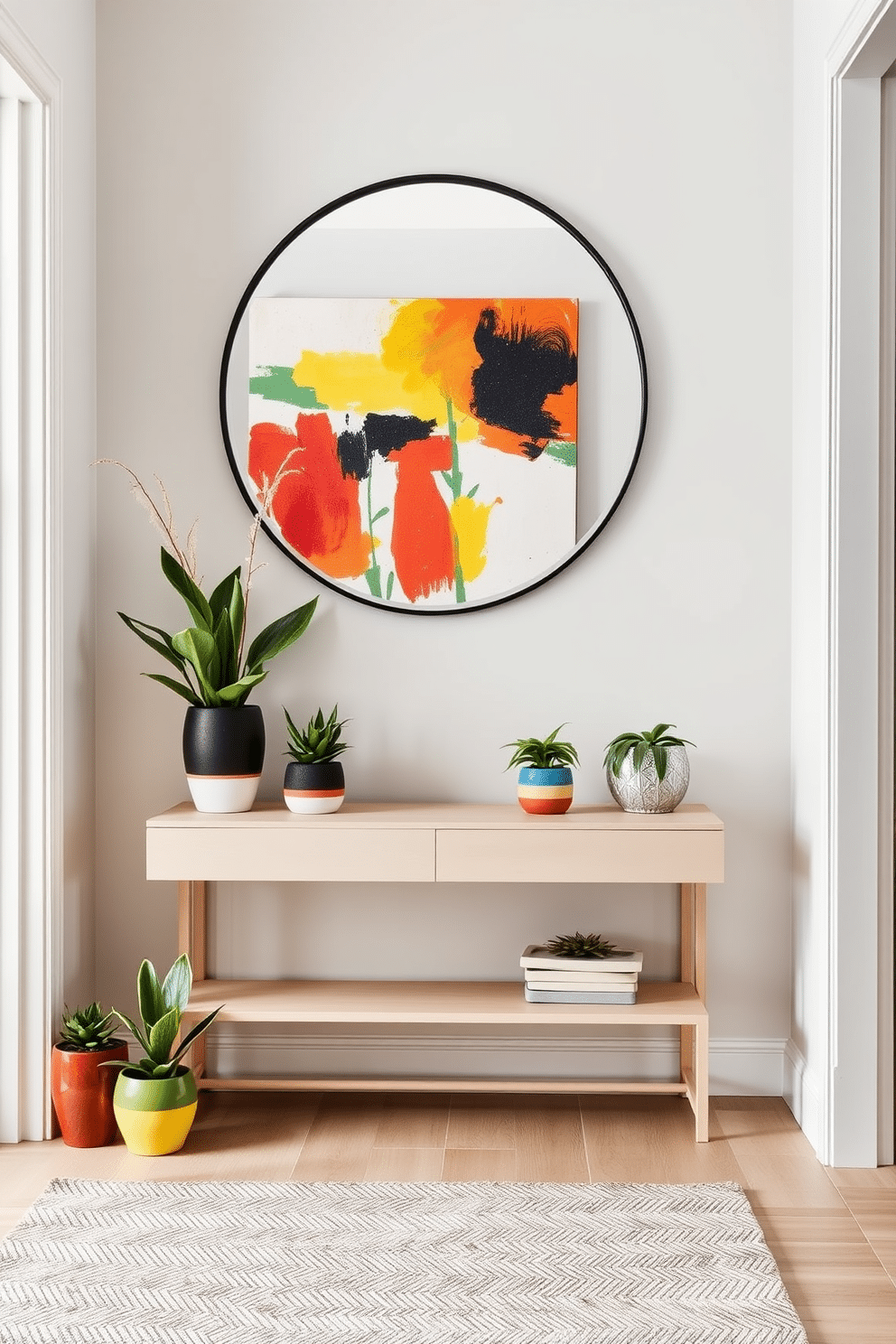 A modern entryway featuring a sleek console table in a soft beige finish. Above the table, a large round mirror with a thin black frame reflects natural light, while a vibrant abstract painting in bold colors hangs on the wall. The floor is adorned with a textured area rug in neutral tones, providing warmth to the space. Potted plants in colorful ceramic pots are strategically placed to add a lively touch and enhance the overall ambiance.